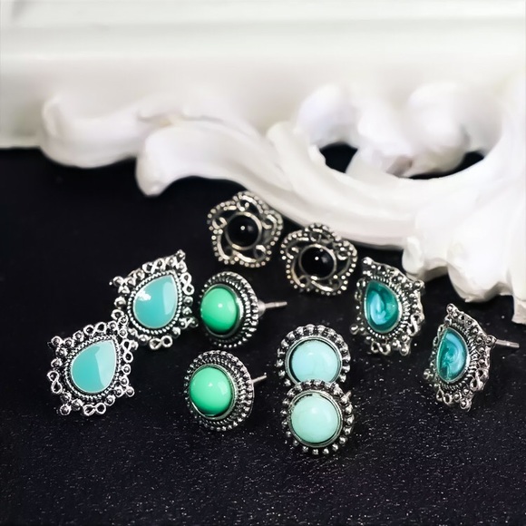 ⚜️[𝟯/$𝟮𝟴]⚜️5 Silver Turquoise Earrings Set NEW - Picture 2 of 8